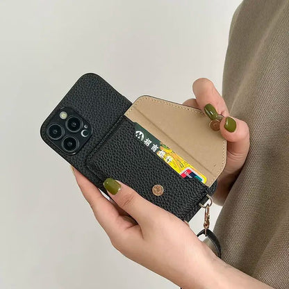 Capa de Couro com Alça Transversal e Suporte de Cartão para iPhone 17 Air 16 15 Plus 14 13 12 11 Pro Max