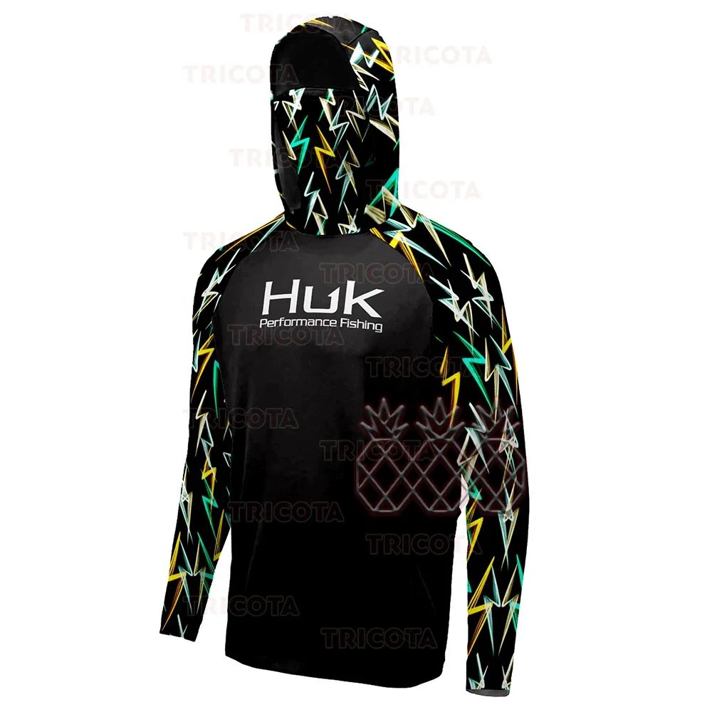 Camisas HUK Fishing Hoodies com Capuz Máscara Protetora para Pesca Roupas de Pesca Masculinas Manga Longa Respirável Proteção UV UPF50+ Camisetas de Pesca
