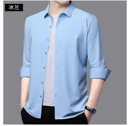 Seamless Anti-wrinkle Business Silky High Elastic Spandex Men's Long-sleeved Shirt Formal Social Non-iron Solid Color Casual