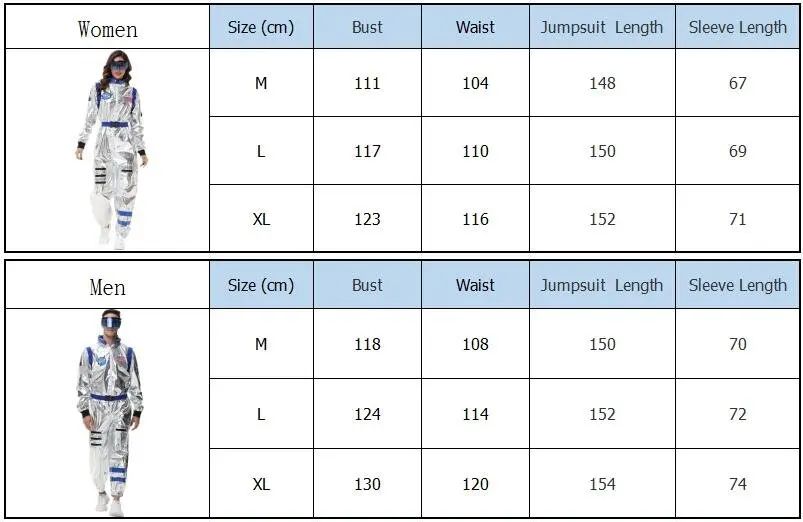 Adult Silver Astronaut Costume Men Women Spaceman Suit Space Jumpsuit Halloween Cosplay Party Dress Up
