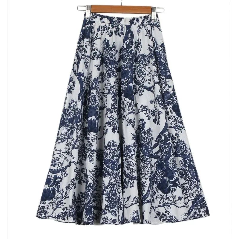 Cotton Linen Skirts for Women Fashion Casual Bohemian Y2k Print Long Skirt Summer Vintage Maxi Bottom Saias Woman Clothes Faldas