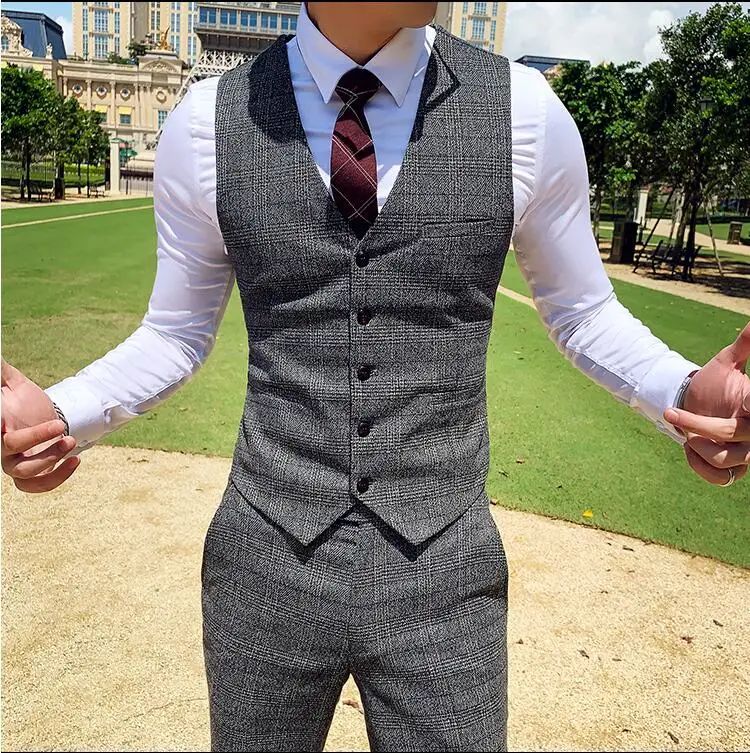 Dark Blue Men's Suit Three Piece, Business Casual Jacket and Vest with Trousers, Gray Dark Brown Slim Fit Sets, Asian Size