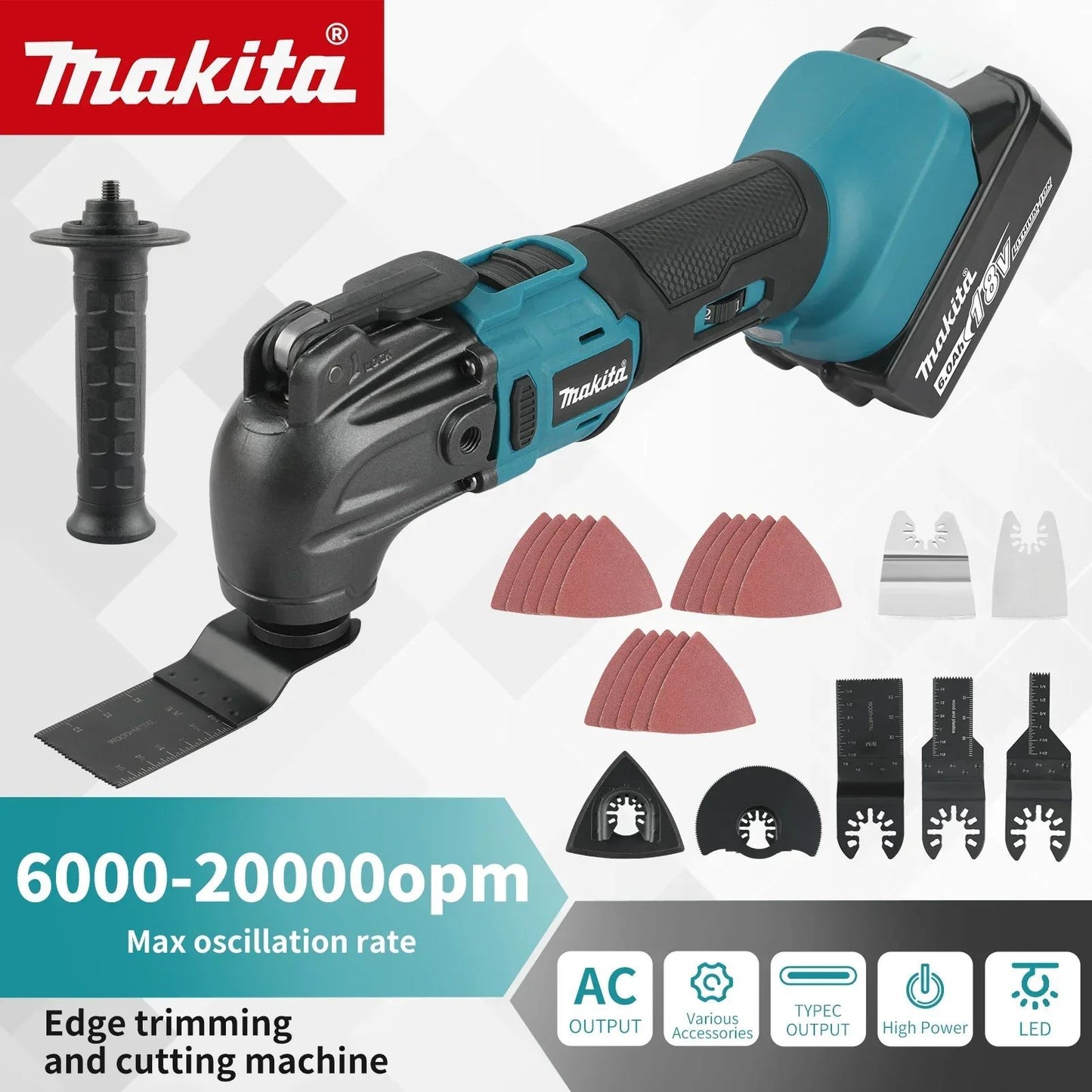 Cortador de acabamento Makita 18V: 6 configurações de marcha, bateria Li-Ion 18/20V, 340-326mm de comprimento, multiuso para serrar, cortar, escavar