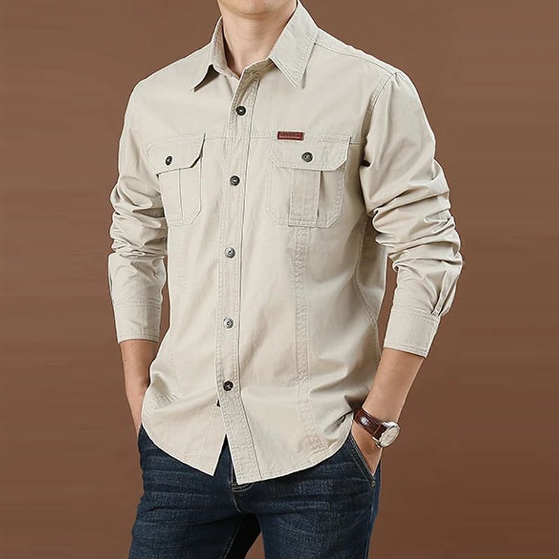 Oversized Shirts Men Long-Sleeve Formal Business Shirts Cargo Casual Shirts Slim Pocket Fashion Soild Shirt Male Brand Clothes