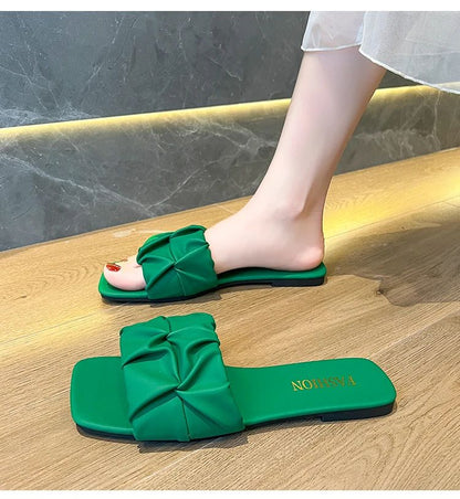 Summer Slippers For Women Flip Flops Flats 2024 New Pleated Korean Slippers Women Sandals Green Slip On Shoes Big Size 35-42