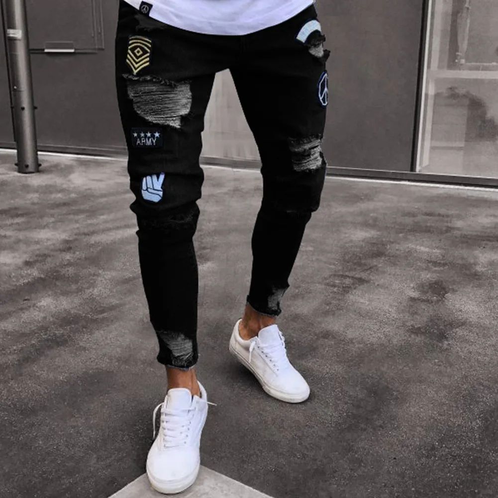 New Style Men's Hip Hop Slim Fit Jeans You And Smooths Your Silhouette Ripped Small Footwear Amazon WISH Badge Plus Size Jeans N