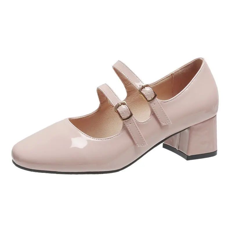 Sapatos Femininos Mary Janes com Fivela Dupla Primavera Outono Sapatos de Vestido em Couro Envernizado Scarpins Salto Alto Sapatos Retrô para Senhoras Preto Vermelho