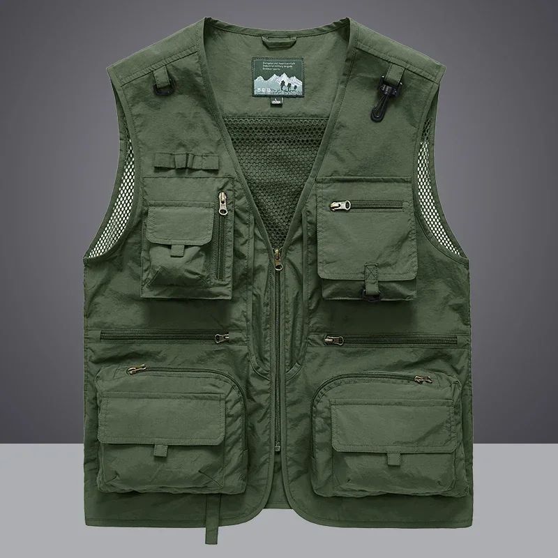 Colete Masculino de Malha com Vários Bolsos Secagem Rápida Sem Mangas Jaqueta Repórter Solto Casual Fino para Pesca Colete Masculino