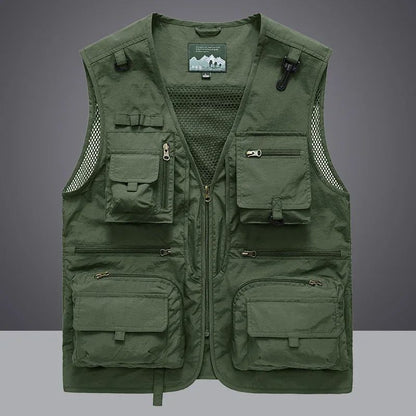 Colete Masculino de Malha com Vários Bolsos Secagem Rápida Sem Mangas Jaqueta Repórter Solto Casual Fino para Pesca Colete Masculino