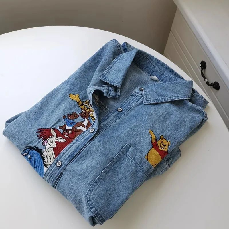 Plus Size 300 Pounds Fat MM Cartoon Embroidery Washed Denim Polo Collar Loose Meat Covering Women's Shirt Autumn Outerwear