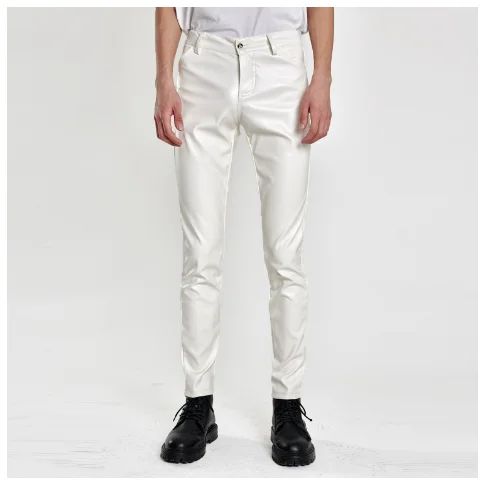 New Men Solid Color Slim Fit Faux Leather Pants Green / White / Black Homme Bar KTV High Street Biker Trousers