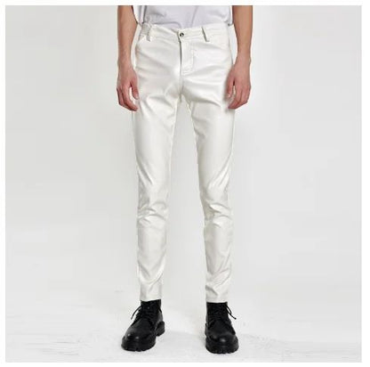New Men Solid Color Slim Fit Faux Leather Pants Green / White / Black Homme Bar KTV High Street Biker Trousers