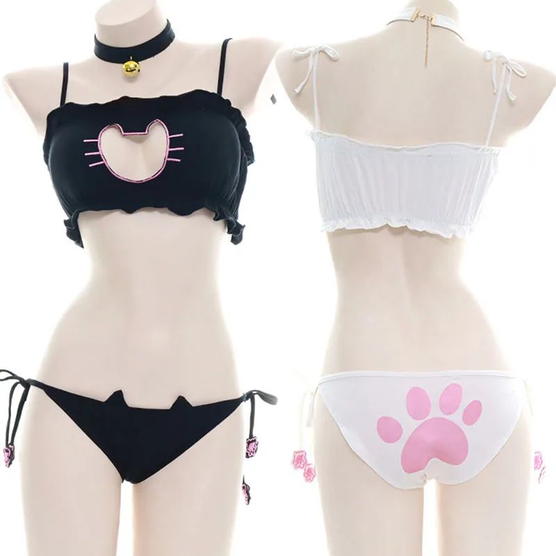 Anime  Cute Cat Paw Bikini Swimsuit Costume Summer Beach  Mini Lovely Cats Bell Swimwear Uniform Cosplay Cats Hollow Bra