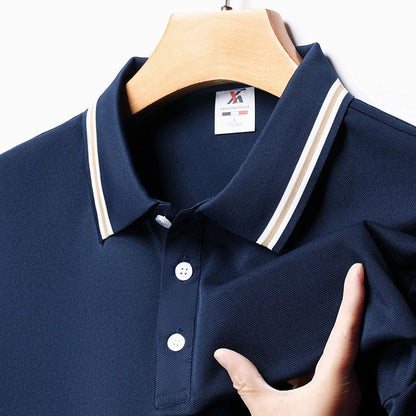 Men's Fashion Solid Short Sleeved Striped Lapel Polo Shirt Summer Breathable Comfortable Top