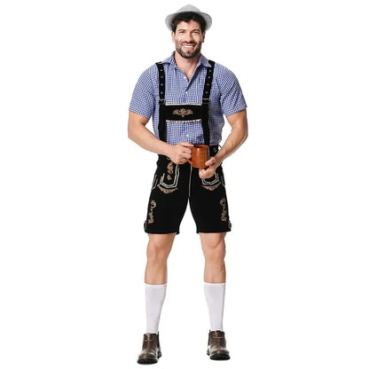 Bavarian Octoberfest German Beer Costume Male Oktoberfest Lederhosen Costume Beer Shirt Suspender Shorts Hat Cosplay Costumes