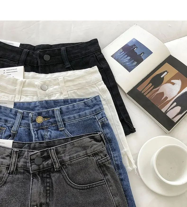 2025 New Summer Women High Wiast Raw Hem Denim Shorts Soild White Black Blue Korean Wide Leg Pants Mon Shorts  Jean Shorts
