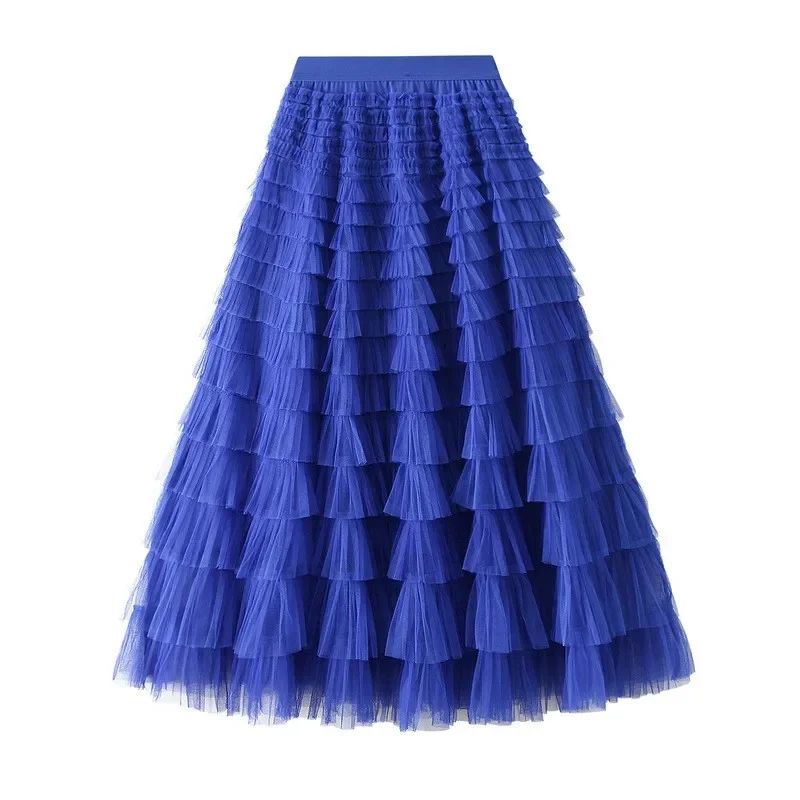 HOT Solid Multilayer Ruffle Mesh Skirt Women Boho High Waist Long Maxi Tulle Skirt Spring Summer Party Women's Clothing