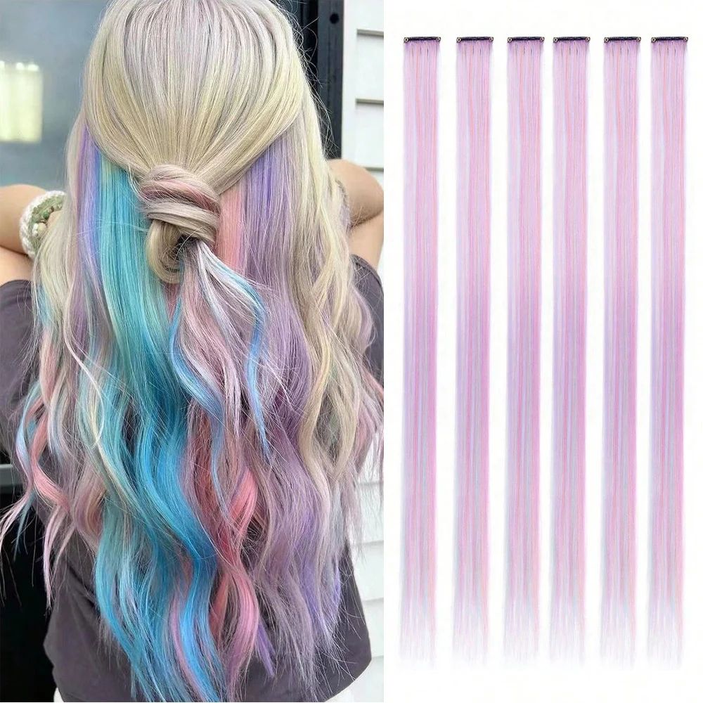 Clip in Hair Extensions Colored Party Highlights 22 inches 6pcs/pack Multi-colors Straight Hair Synthetic Hairpieces Royal Blue