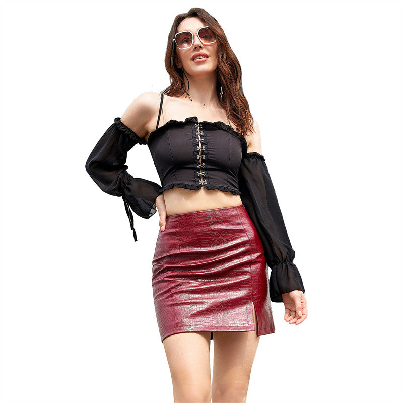 New Autumn Red Women's Crocodile Print PU Skirt,  Brown Small Stretch Slim Skirts.