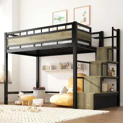 Twin Size Metal Loft Bed with Storage Stairs & Drawers Heavy-Duty Space-Saving Bed Frame for Teens And Juniors No Box Spring Nee
