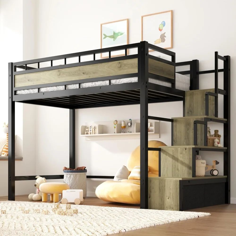 Twin Size Metal Loft Bed with Storage Stairs & Drawers Heavy-Duty Space-Saving Bed Frame for Teens And Juniors No Box Spring Nee