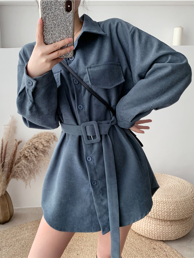 Women Spring Autumn Shirts Retro Cargo Style Pockets Long-Sleeved Shirt Puff Sleeve Bandage Nipped Waist Tops Female PL438