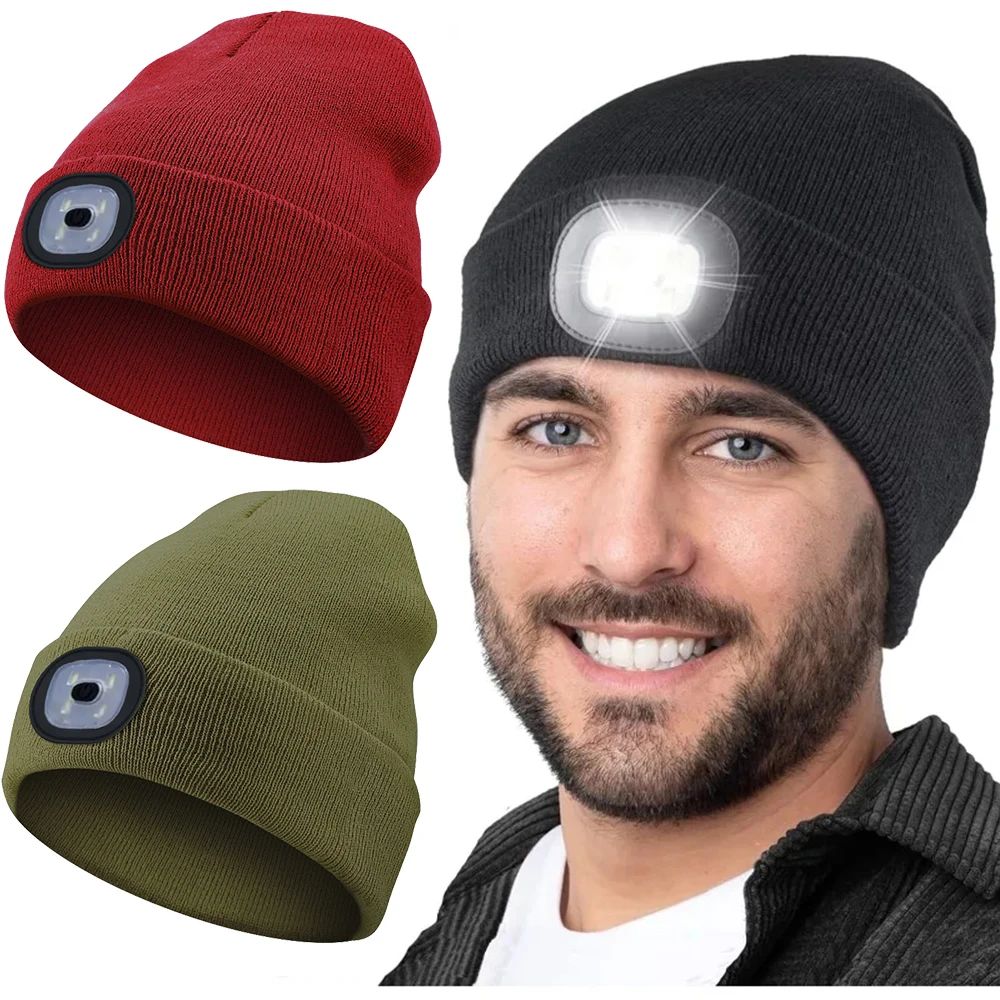 Chapéu de Malha com Luz LED Quente Elástico Gorro Outono Inverno Esportes ao Ar Livre Pesca Noturna Caminhada Camping Boné Luminoso Unissex com Farol