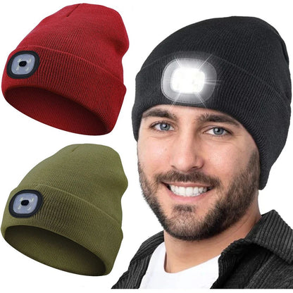 Chapéu de Malha com Luz LED Quente Elástico Gorro Outono Inverno Esportes ao Ar Livre Pesca Noturna Caminhada Camping Boné Luminoso Unissex com Farol