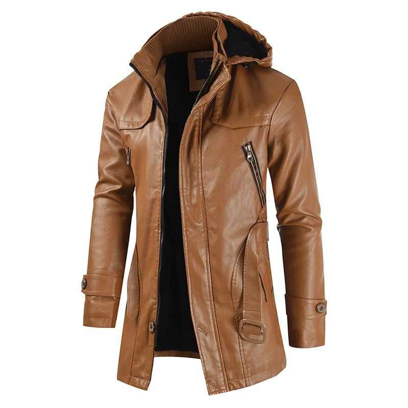 Coat Windproof Clothes Men's Hooded Long Leather coat Men's Leather Motorcycle Leather fashion Winter Korean Fashion Jacket
