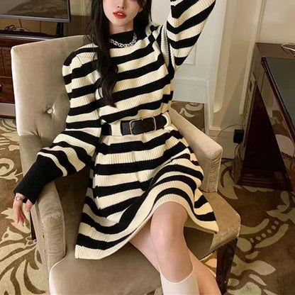 Autumn Winter Striped Knitted Dress Women Korean Fashion Double Pockets Short Dresses Ladies Casual Loose Long Sleeve Knit Dress