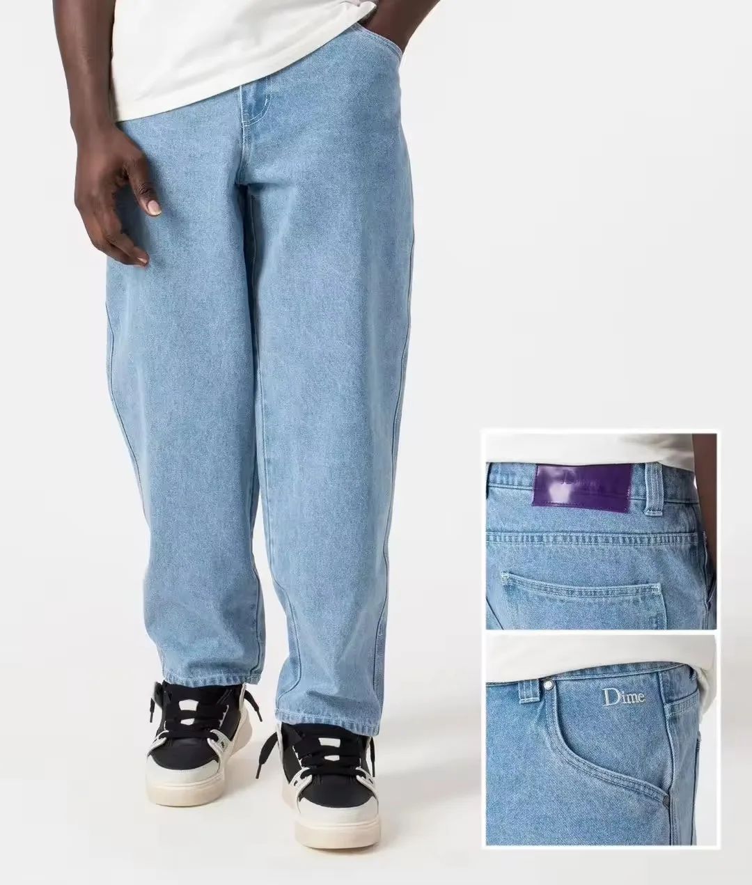 Calça Jeans Masculina Dime Baggy Reta Larga Casual Streetwear Skate Calça Jeans Lavada Comprida Curta Estilo Hip Hop