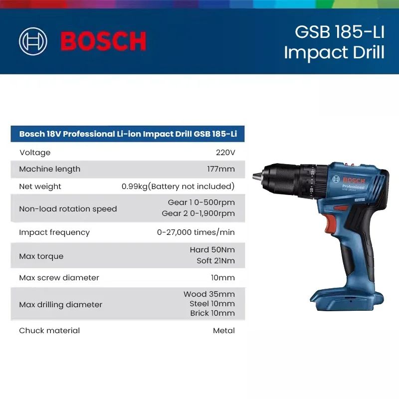 Furadeira de impacto a bateria Bosch GSB 185 Li, 3 em 1, multifuncional, parafusadeira elétrica 50 Nm, furadeira de martelo sem escovas, pro-eletro