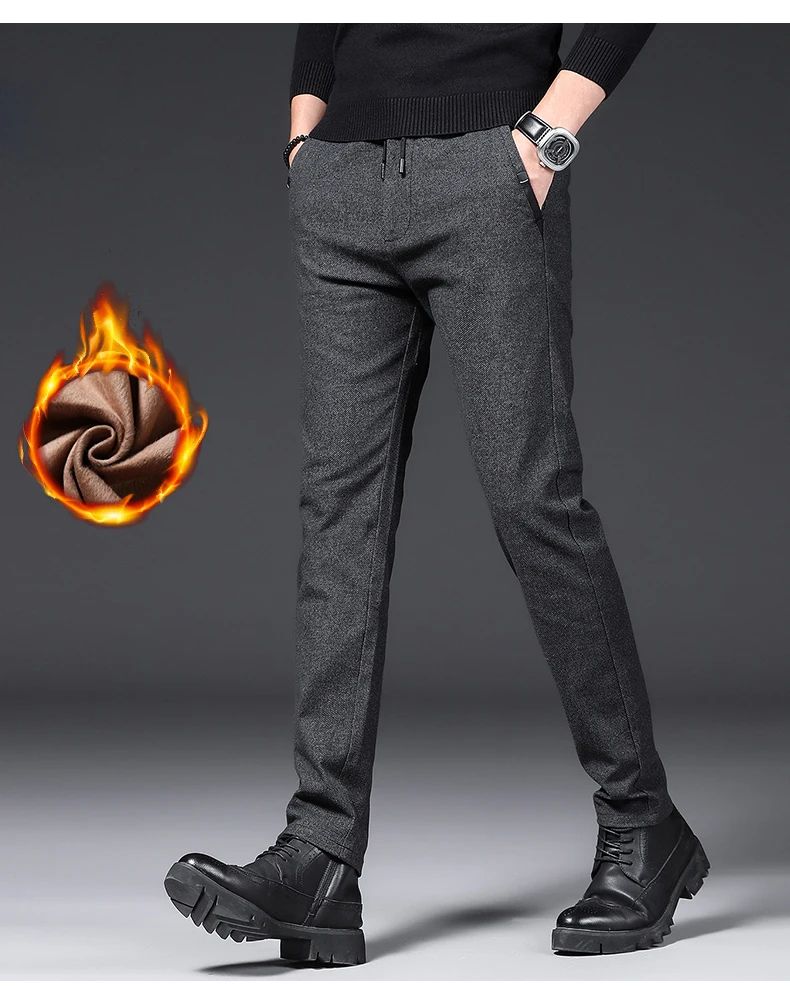 Winter Plush Trousers Men Business Fleece Pants Fashion Warm Drawstring Velvet Thick Casual Stretch Male Clothes 28-29