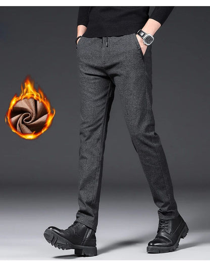 Winter Plush Trousers Men Business Fleece Pants Fashion Warm Drawstring Velvet Thick Casual Stretch Male Clothes 28-29