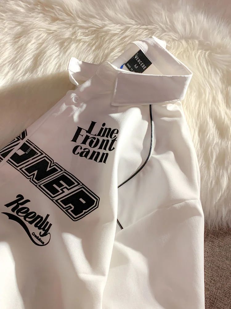 Cargo Short-sleeved Shirt New Summer Youth Casual Lapel Button Up Blouse Men Women Hip Hop Letter Print Racing Tee