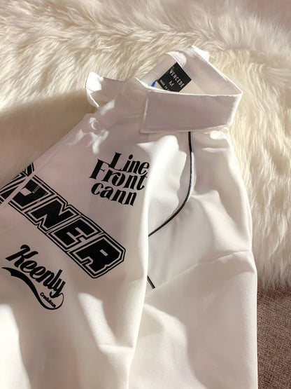 Cargo Short-sleeved Shirt New Summer Youth Casual Lapel Button Up Blouse Men Women Hip Hop Letter Print Racing Tee