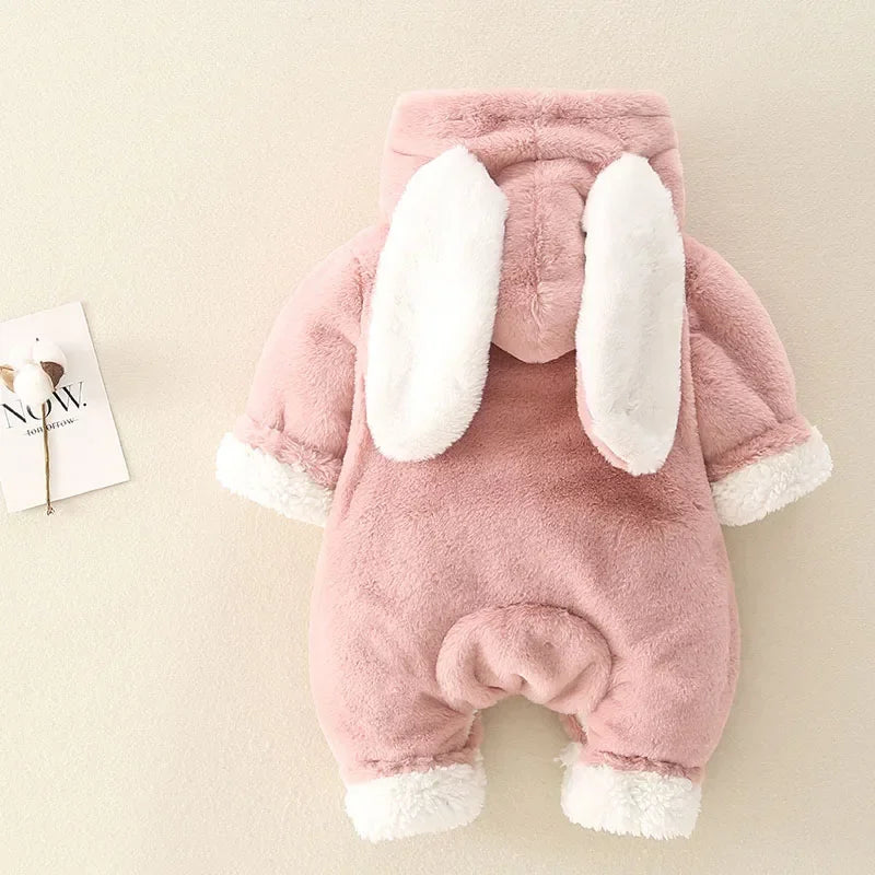 Baby Rompers Winter Warm Coral Fleece Newborn Baby Girl Clothes Cartoon Rabbit Coats Infant Jumpsuit Animal Overalls Pajamas