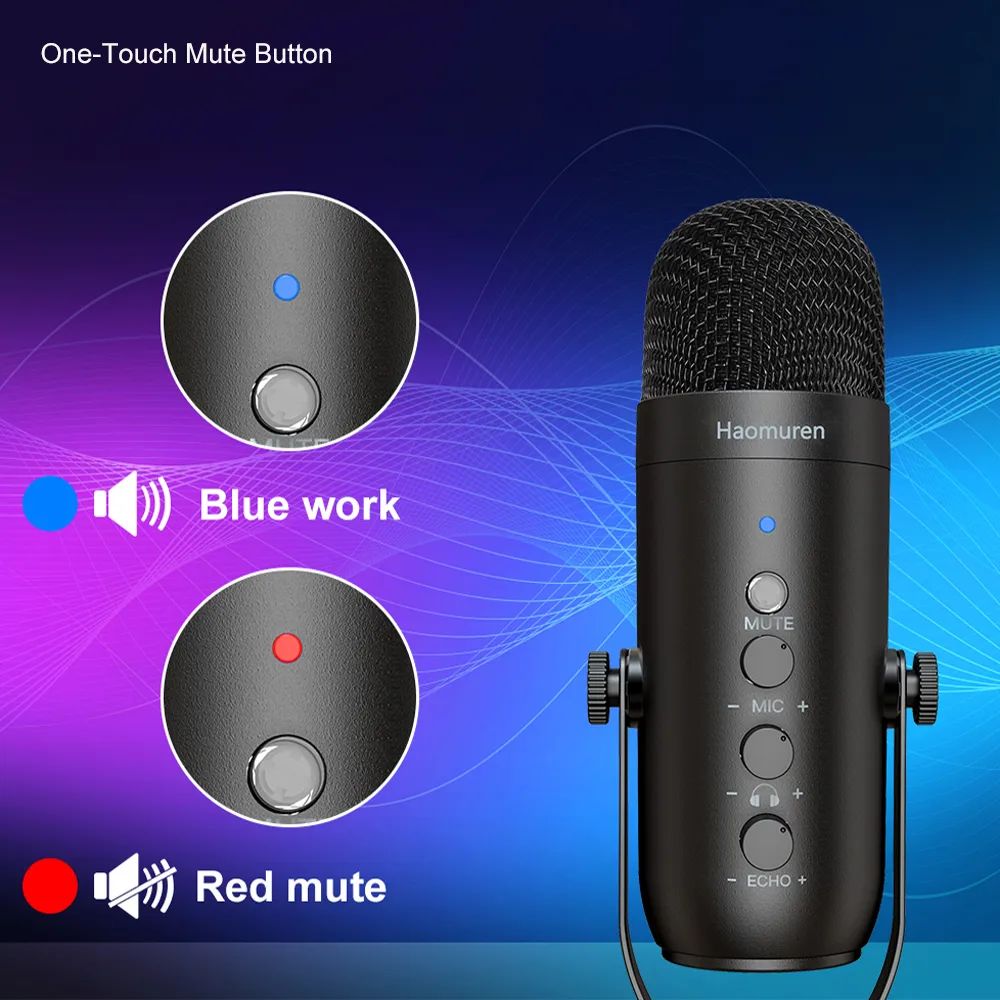 Microfone condensador cardioide profissional Haomuren USB para podcast, streaming, PC, estúdio, kit com braço articulado para gravação no YouTube