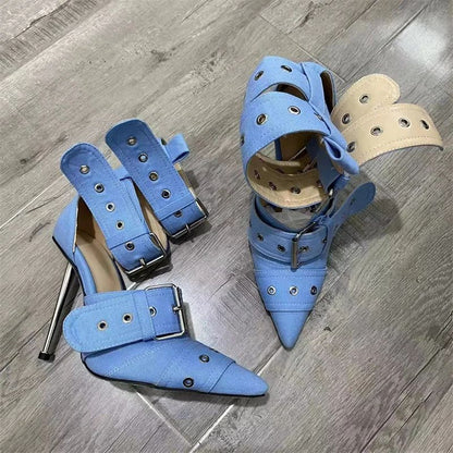 Denim Metal Rivet Buckle Silver Sandals Women's Sexy Punk Style Pointed Metal Hollow 12cm High Heels Size 34-43 Womens Shoes