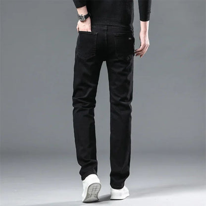 2025 New Winter Men Black Straight Stretch Denim Thick Velvet Pants Warm Jeans Casual Fleece Line Trousers Male Plus Size
