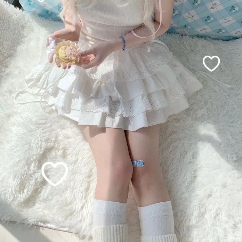 Summer White Mini Skirts Women Lace Patchwork Sweet A-line Slim High Street Bow Korean Fashion Y2k Skirt Harajuku Streetwear Ins