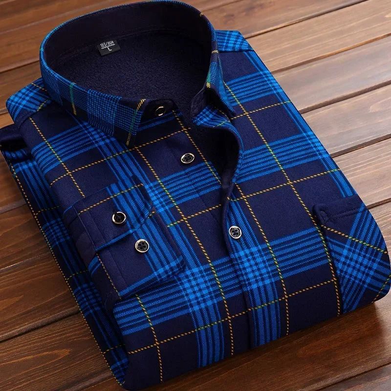 2025 Men's Winter Warm Long Sleeve Plaid Shirts Flannel Fur Lined Thick Formal Shirts Fleece Casual Shirt for Men Dress Shirts