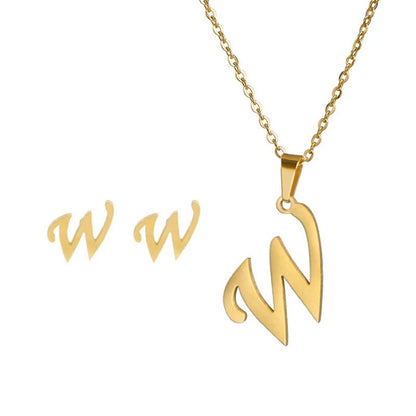 Conjunto Feminino de Colar e Brincos de Aço Inoxidável com Letra Inicial do Alfabeto A-Z - Joias Personalizadas de 26 Letras Inglesas - Presente