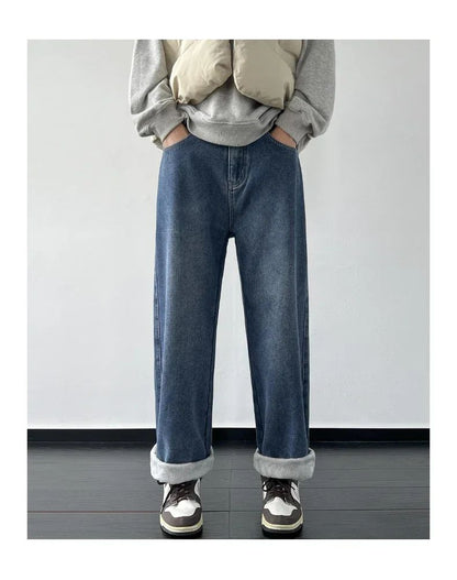 4 Colors Winter Fleece Men's Jeans Baggy Straight Elastic Waist Denim Pants Fashion Korean Thickened Warm Male Thermal Trousers