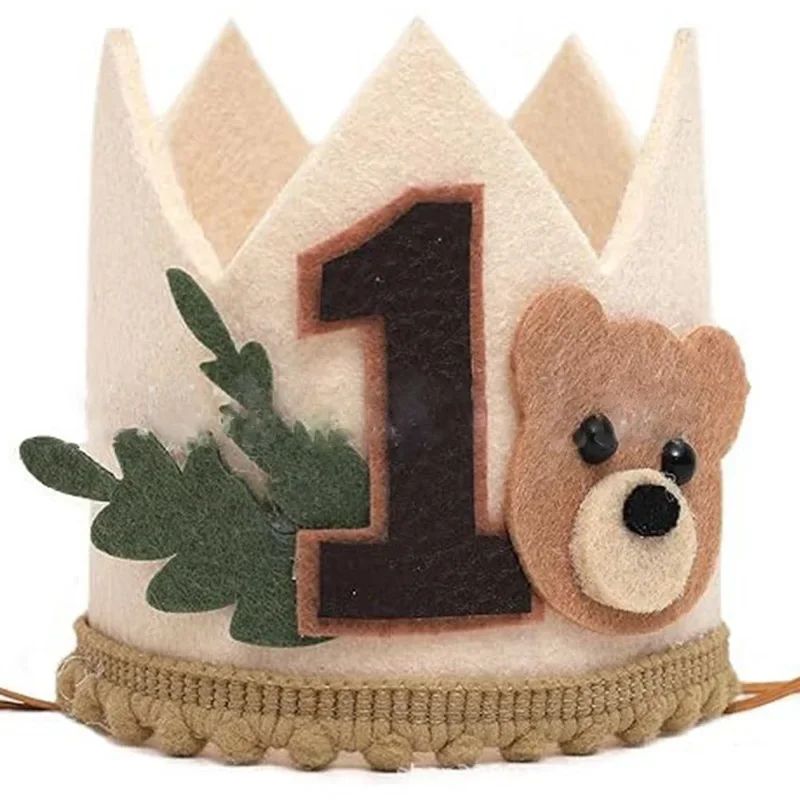 Cartoon Bear One Year Old Crown Baby Jungle Safari 1st Birthday Pink Brown Bear Crown Boy Girl First Birthday Party Decor Hat