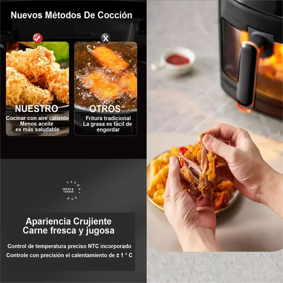 Fritadeira sem Óleo 1400W 8L para Uso Doméstico, Programável, Smart LED Touch, Ciclo Térmico, Forno, Batata Frita, Frango
