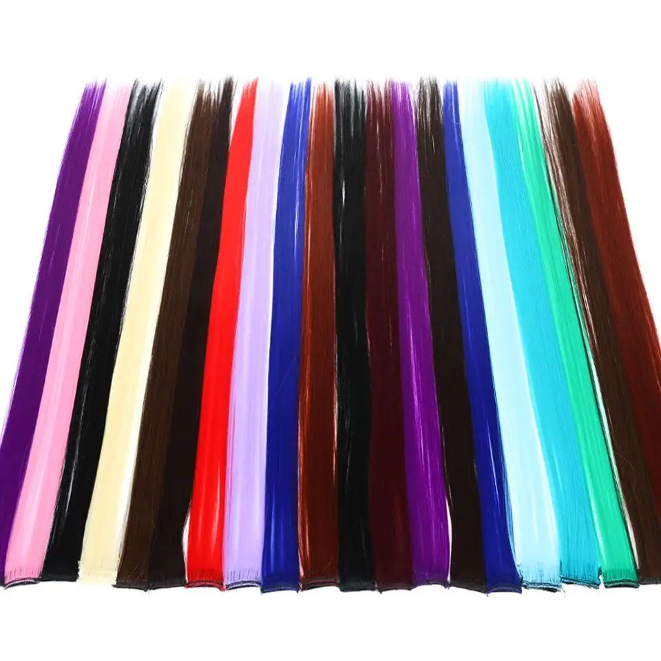Todas as extensões de cabelo liso longo colorido peça de cabelo com clipe mecha de cabelo arco-íris rosa sintético em clipes