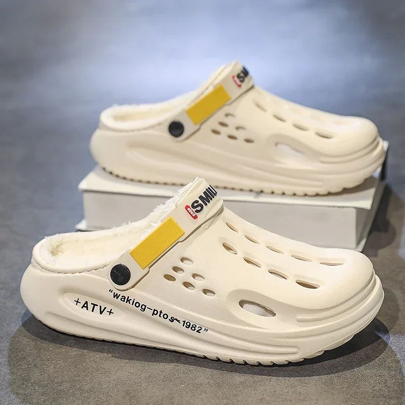 Men Cotton Slippers Winter Warm Furry Clogs Soft Indoor Bedroom Cotton Shoes EVA Fluff Slides Casual Comfortable Plush