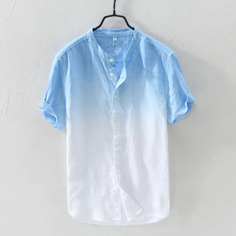 Camisa de manga curta 100% linho fresca, respirável, confortável, material saudável, azul degradê, estilo havaiano, masculina, tipo cardigan, para praia