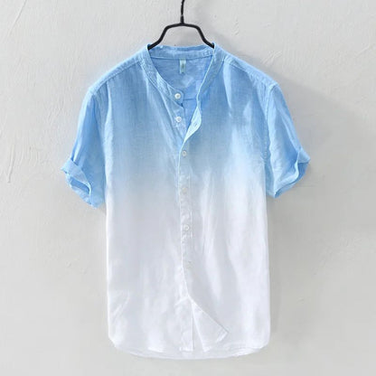 Camisa de manga curta 100% linho fresca, respirável, confortável, material saudável, azul degradê, estilo havaiano, masculina, tipo cardigan, para praia